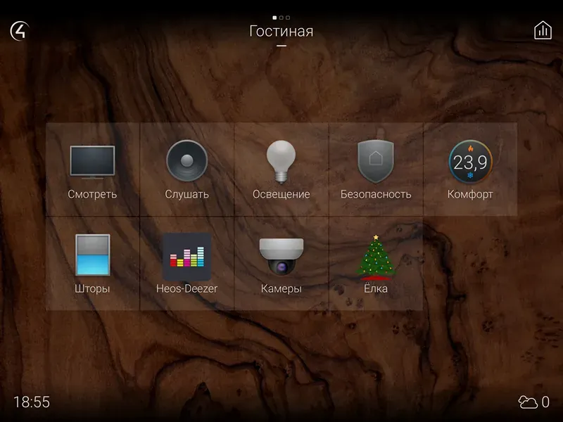Control4 room menu with watch, listen, lighting, security, comfort and shades