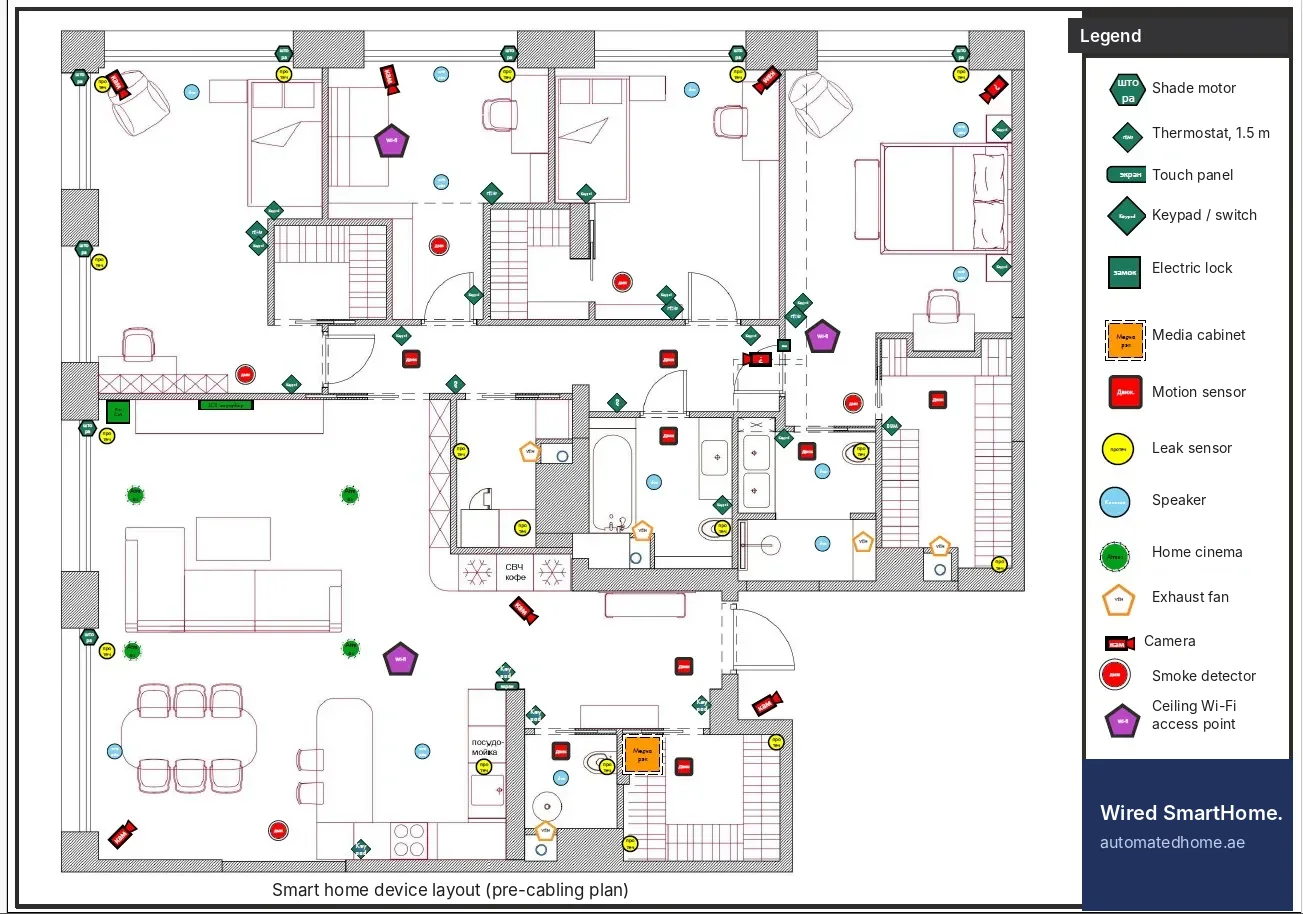 Real prewire plan: speakers, keypads, thermostats, cameras, sensors and Wi-Fi points on an apartment floor plan